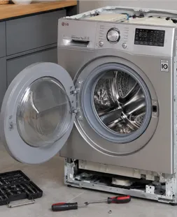 عیب‌یابی و تعمیر قطعات داخلی ماشین لباسشویی ال‌جی توسط تکنسین متخصص با ابزار حرفه‌ای